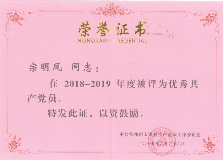 熱烈祝賀我司宗明鳳同志獲“2018-2019年度優秀黨員”榮譽稱号